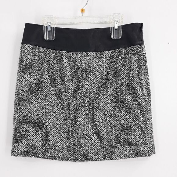 Limited School Girl Tweed A-line Mini Skirt Faux Vegan Leather Waist Black Sz 2 - Picture 1 of 13